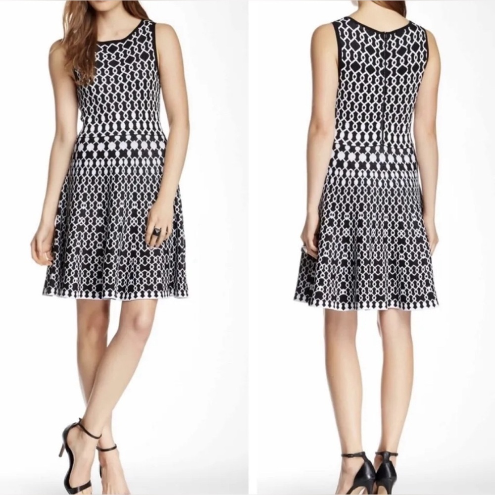 Alice+Olivia Black White Geometric Print Fit and Flare Dress